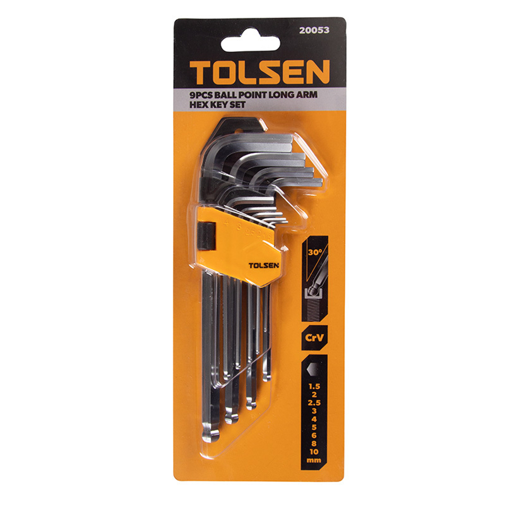 TOLSEN (TT20053) Набор Г-образных шестигранников 1,5-10 мм, удлиненные, с шаровым окончанием, 9 предметов