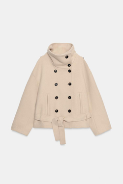 ZARA КОРОТКО ПАЛЬТО С ПОЯСОМ, ЭКРЮ