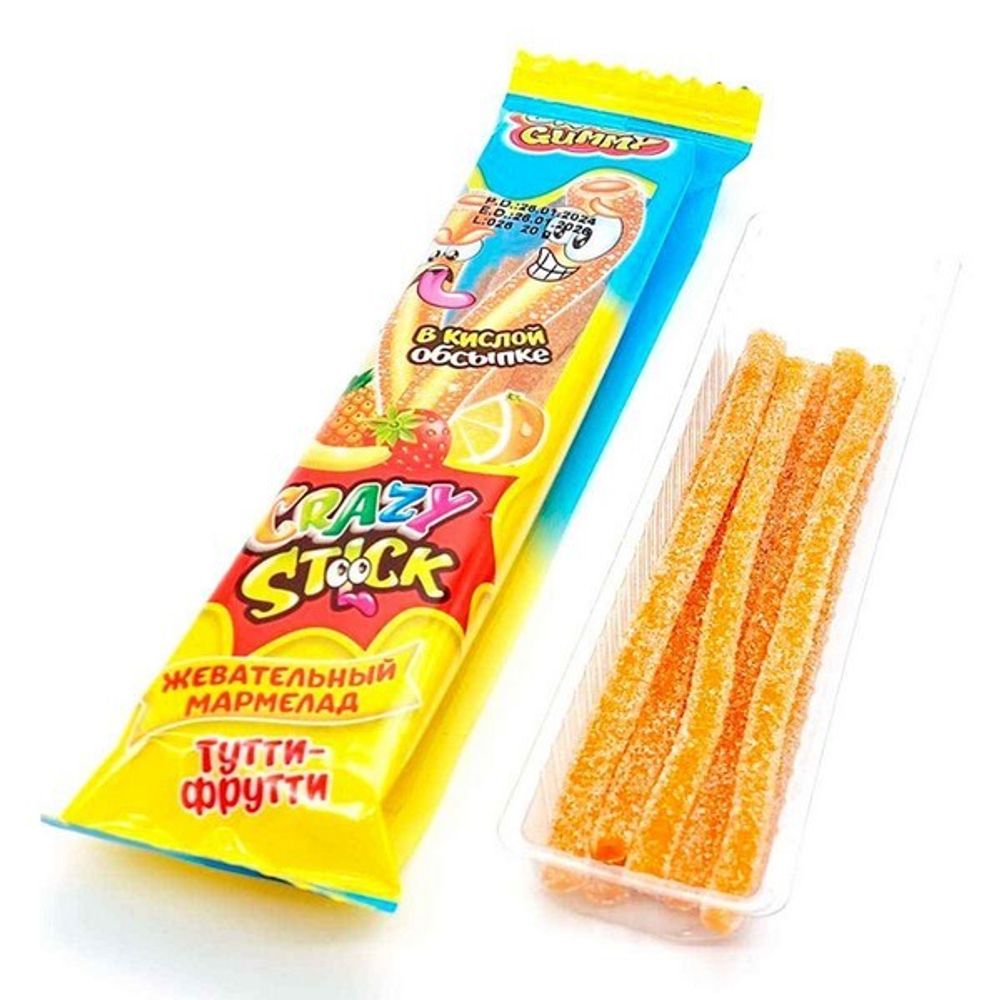 Жев мармелад в кислой обсыпке «CRAZY GUMMY. CRAZY STICK» со вкусом тутти-фрутти 20гр*24шт*12 бл