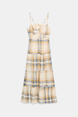 ZARA ДЛИННОЕ ПЛАТЬЕ В КЛЕТКУ, ЭКРЮ/ЖЕЛТЫЙ