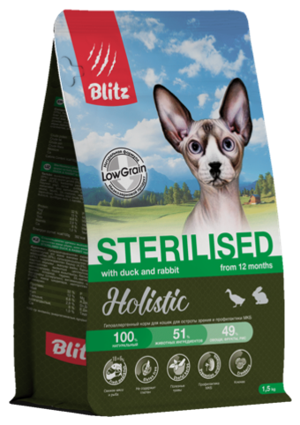 Сухой корм для кошек Blitz Holistic Cat Duck & Rabbit Sterilised Cat низкозерновой корм для стерилизованных кошек, утка и кролик, 5 кг