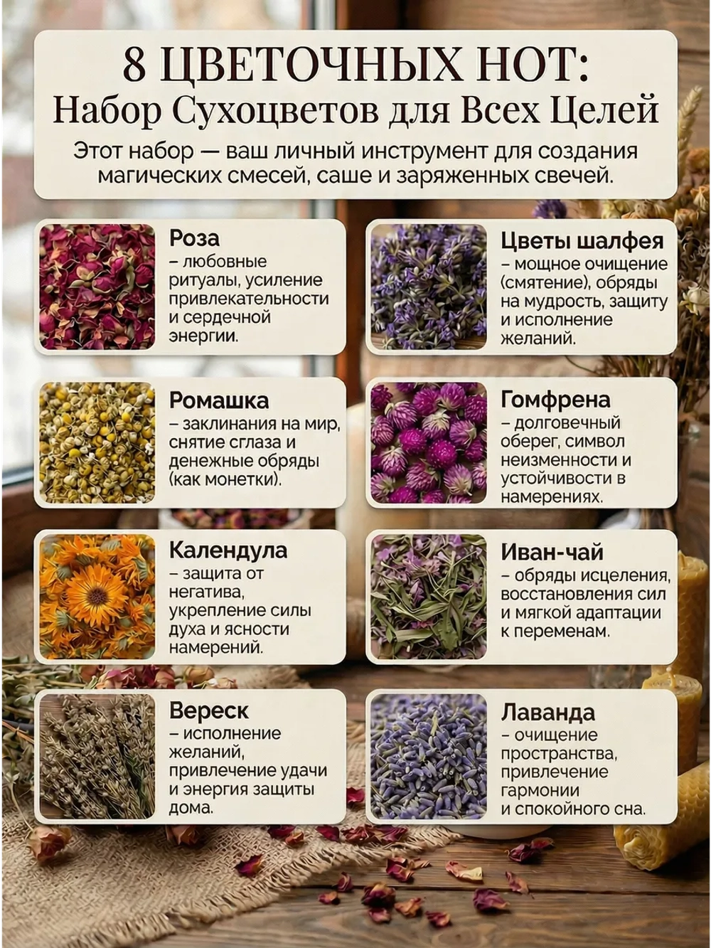 Набор сухоцветов "8 цветочных нот" для декора, магии, свечей