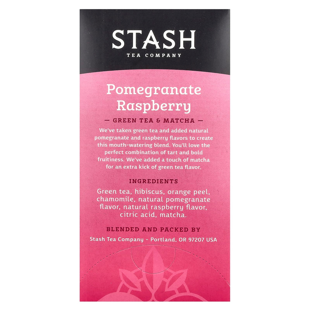 Stash Tea, зеленый чай и матча, гранат и малина, 18 чайных пакетиков, 36 г (1,2 унции)