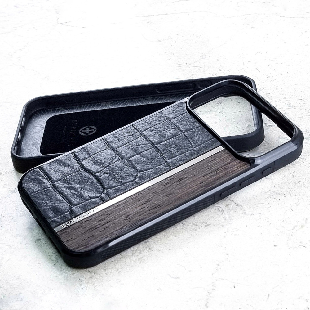 Премиальный чехол iphone 18 pro натуральная кожа CROC и Мореный Дуб — натуральная кожа Италия, редкое дерево, ручная работа Euphoria HM