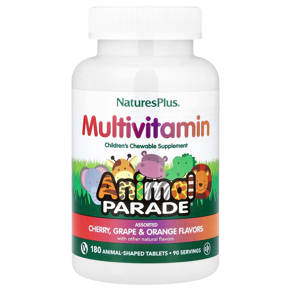 NaturesPlus, Animal Parade®, жевательные мультивитамины для детей, вишня, виноград и апельсин, 180 таблеток в форме животных