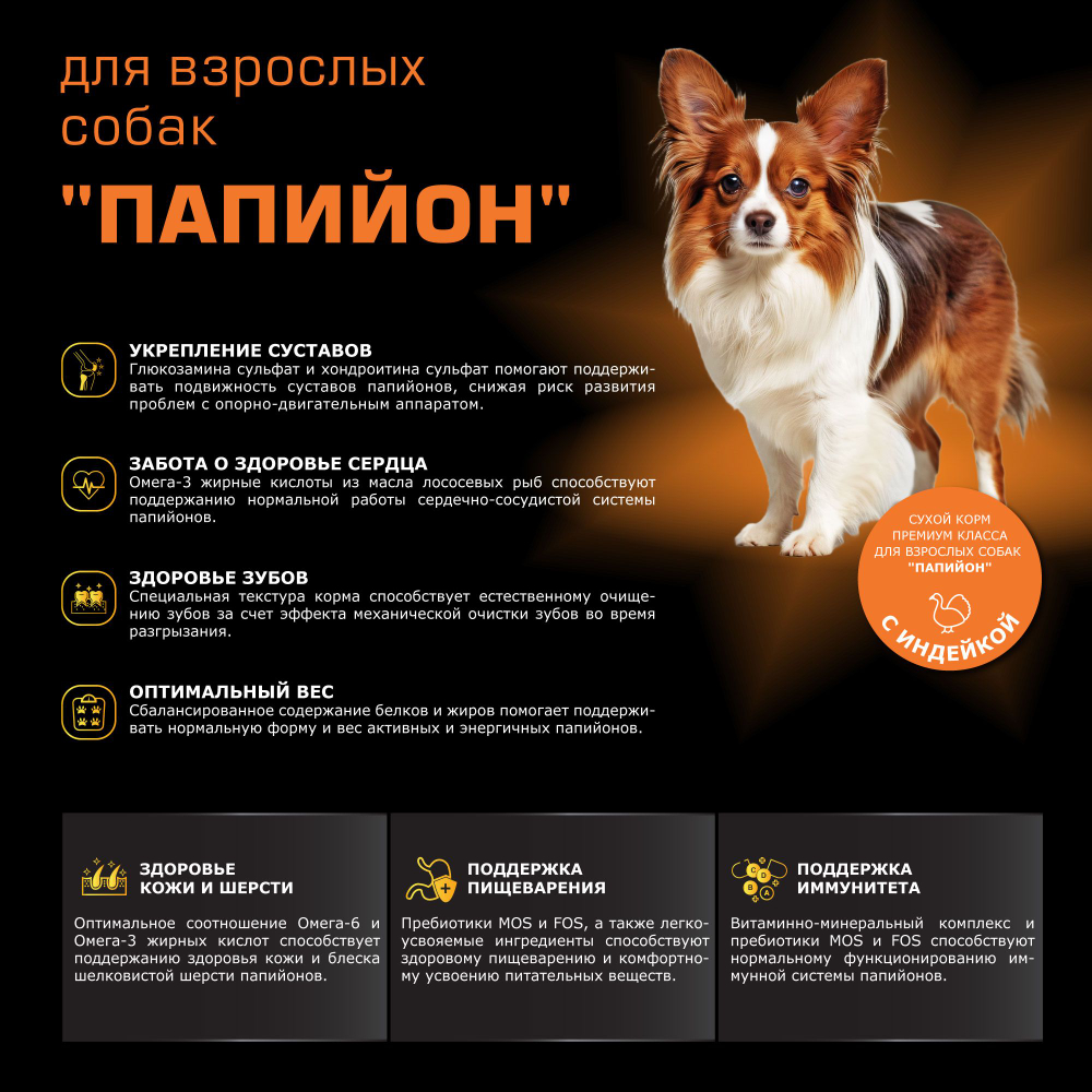 Корм сухой для взрослых собак породы Папийон, с индейкой, 800 гр, QUATTRO