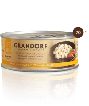 Grandorf Консервы для кошек Куриная грудка с утиным филе в бульоне 70г