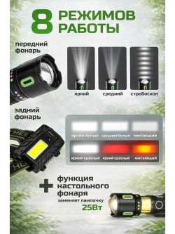 Налобный аккумуляторный фонарь с Power Bank и Zoom 8 режимов