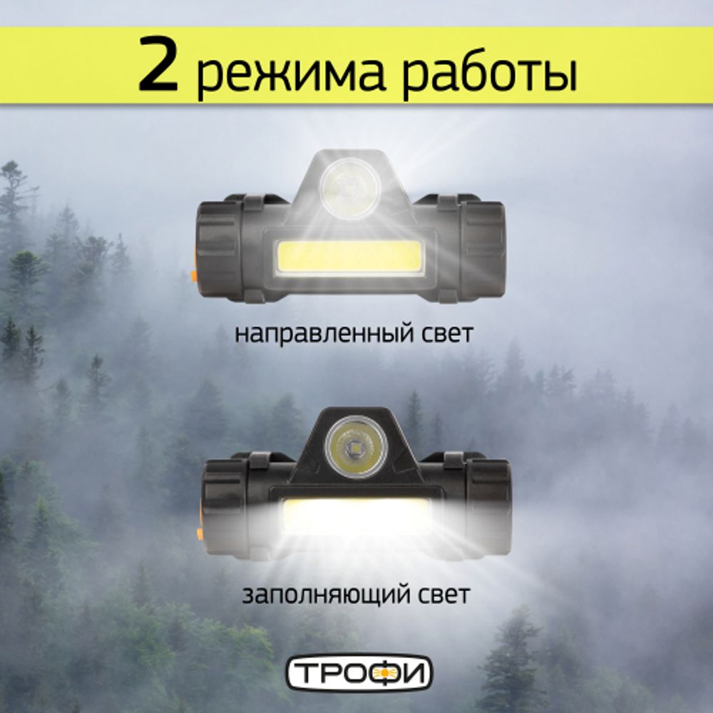 Фонарь налобный светодиодный Трофи GA-101 аккумуляторный 3 Вт COB + 3 Вт LED 2 режима магнит | Налобные фонари