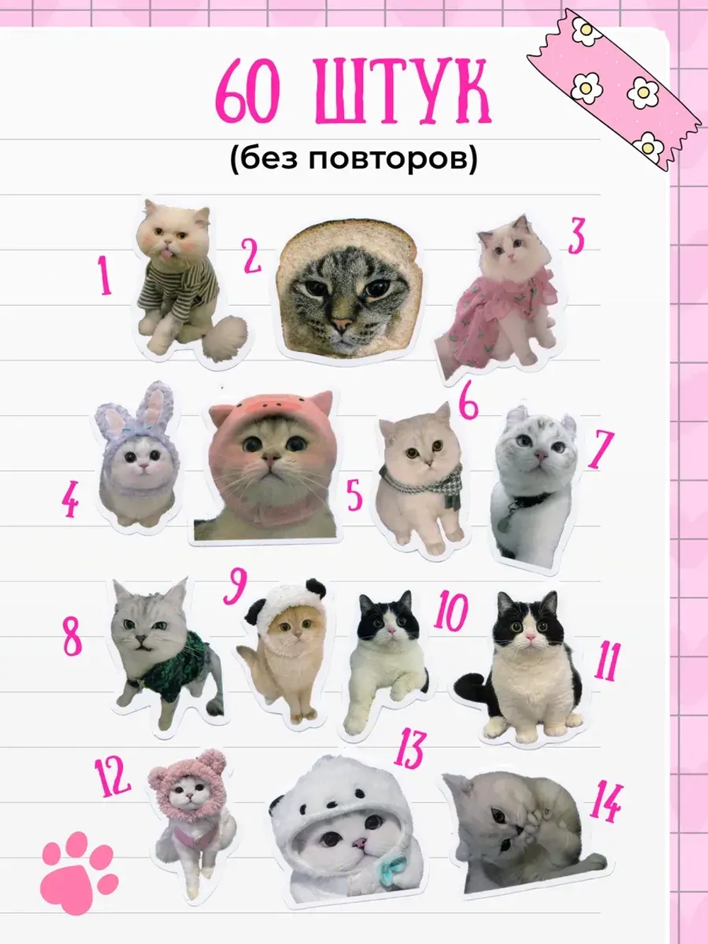 Наклейки милые мемные котики 60 шт