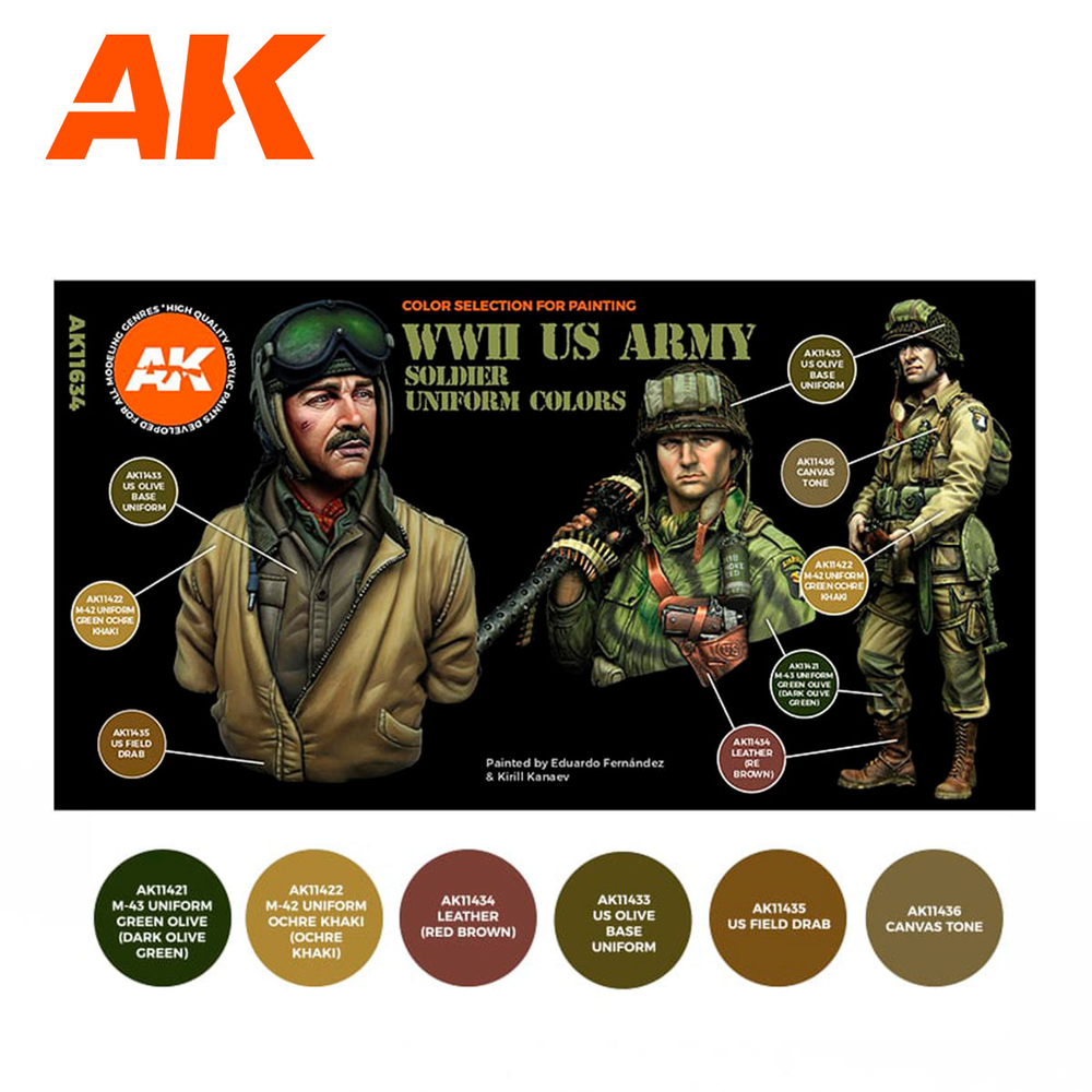 Набор красок AK interactive WWII US Army Soldier Uniform Colors Set 3G, 6 красок