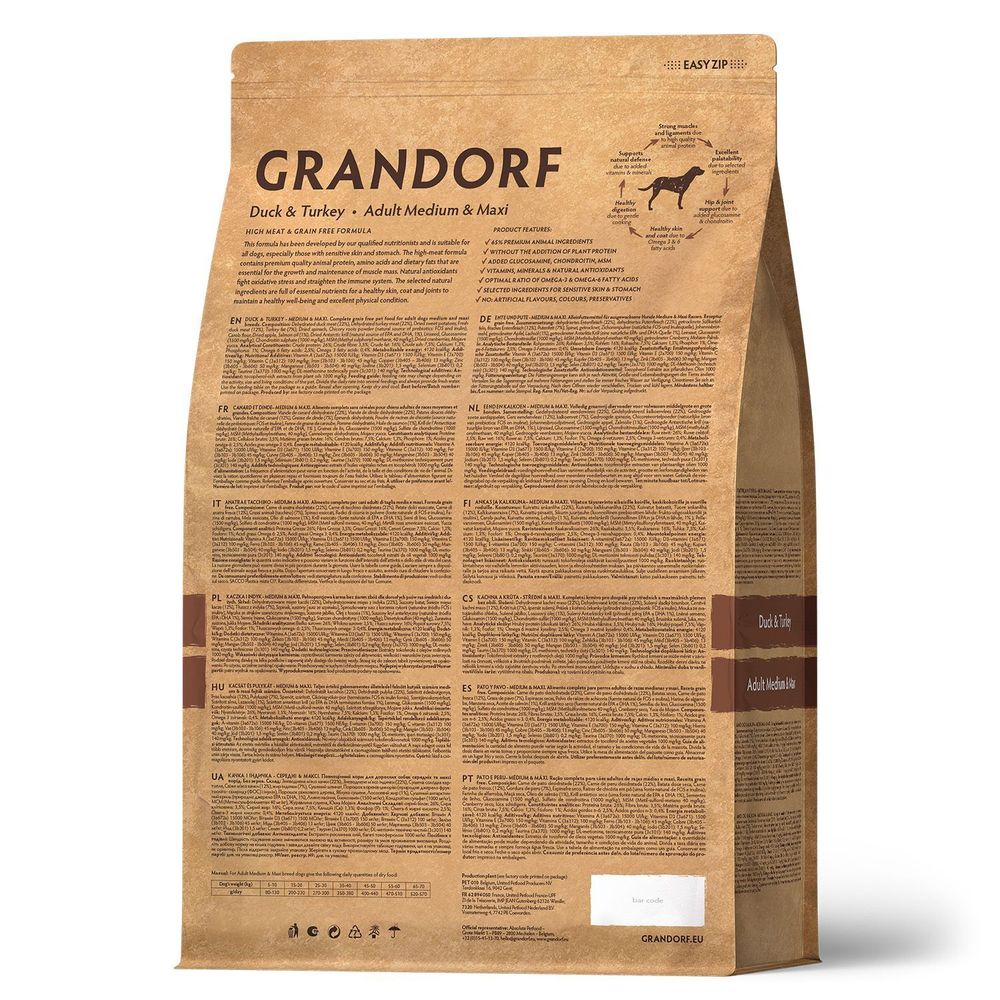 Сухой корм Grandorf DOG Duck&Turkey MED&MAXI для взрослых собак средних и крупных пород, утка с индейкой