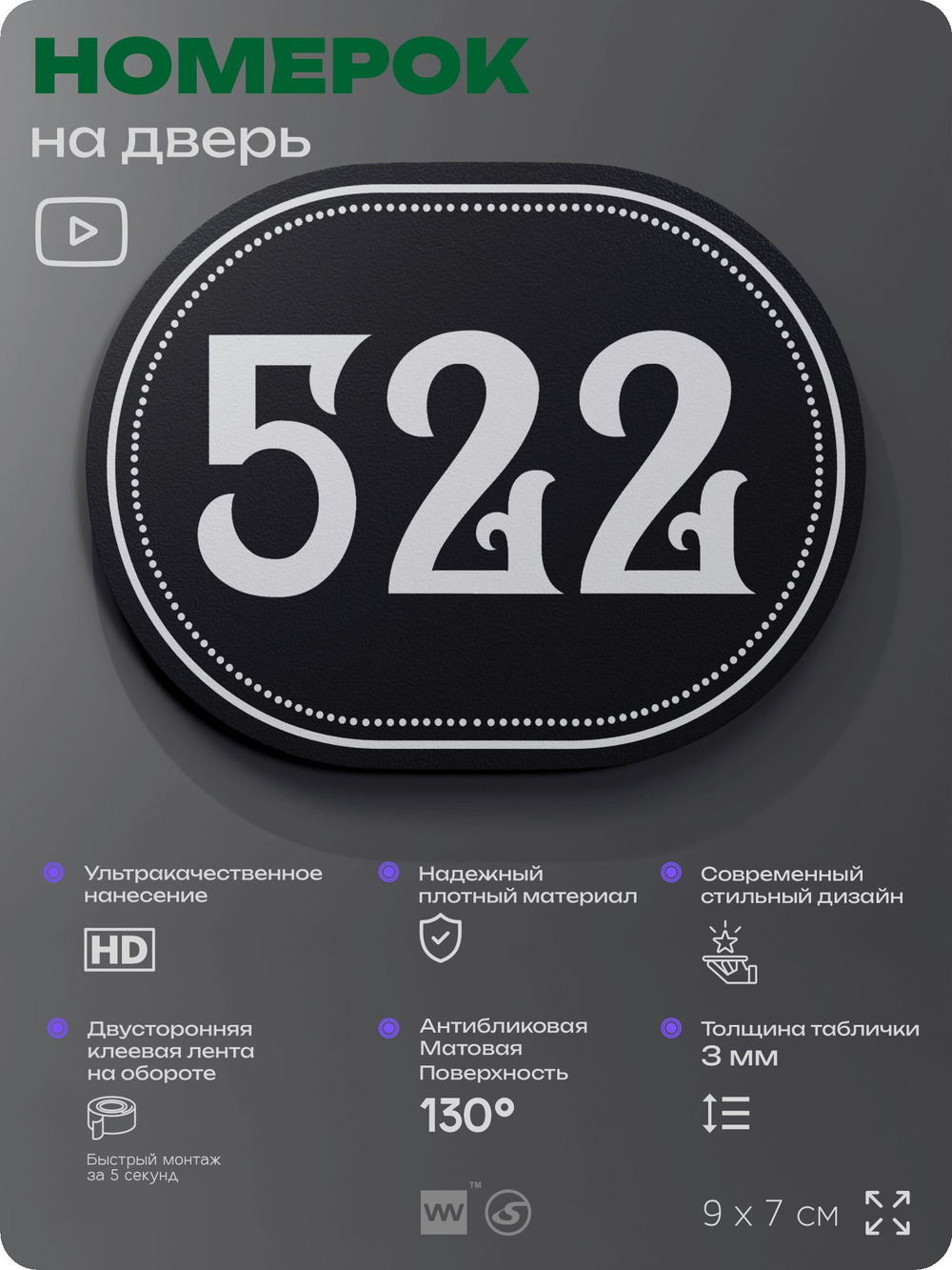 Номерок на дверь квартиры 522, для кабинета, офиса, шильдик 9 х 7 см, черный, Айдентика Технолоджи