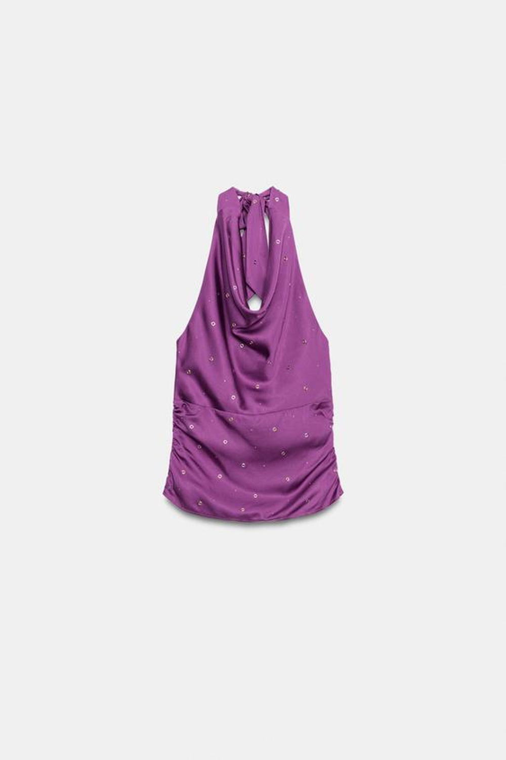 ZARA ТОП С ГОРЛОВИНОЙ ХАЛТЕР, ЛЮВЕРСАМИ И СТРАЗАМИ, ЛИЛОВЫЙ