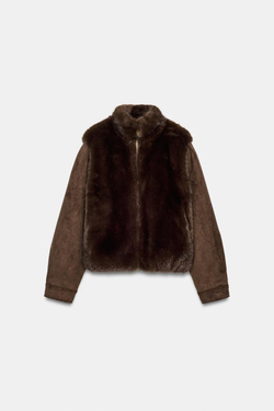 ZARA КОМБИНИРОВАННАЯ КУРТКА ИЗ ИСКУССТВЕННОГО МЕХА, КОРИЧНЕВЫЙ