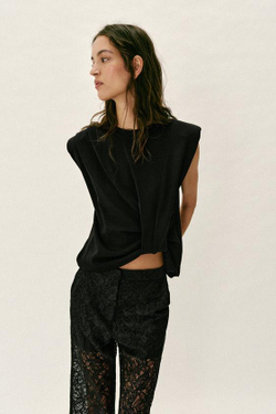 ZARA БРЮКИ ПРЯМОГО КРОЯ С КРУЖЕВОМ, ЧЕРНЫЙ
