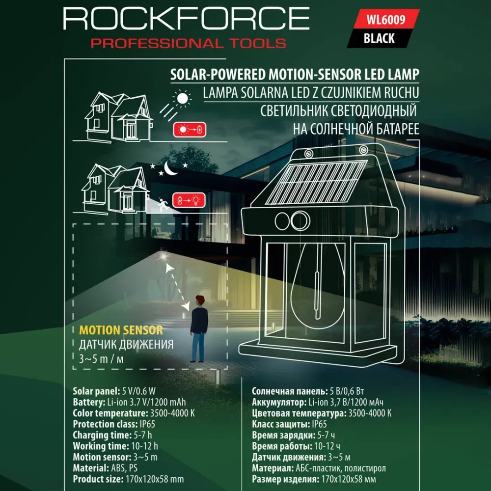 Светильник светодиодный на солнечной батарее с датчиком движения RockForce RF-WL6009 Black