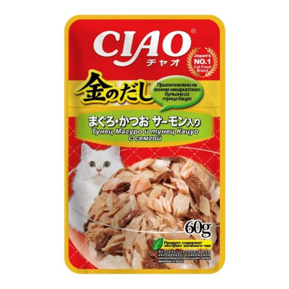 Inaba Kinnodashi Тунец Магуро/Тунец Кацуо с сёмгой пауч для кошек 60 г