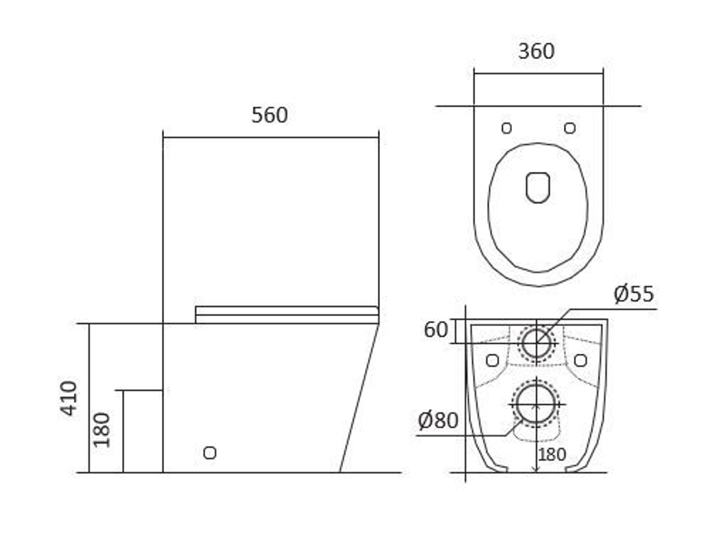 Унитаз напольный приставной безободковый AQUATEK ВЕГА AQ1906-00 560*360*410 мм, горизонтальный выпуск, тонкое сиденье с механизмом плавного закрывания, крепеж
