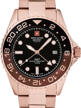 С браслетом Мужские наручные часы с золотистым браслетом Swiss Alpine Military 7052.1164 GMT diver 42mm 10ATM