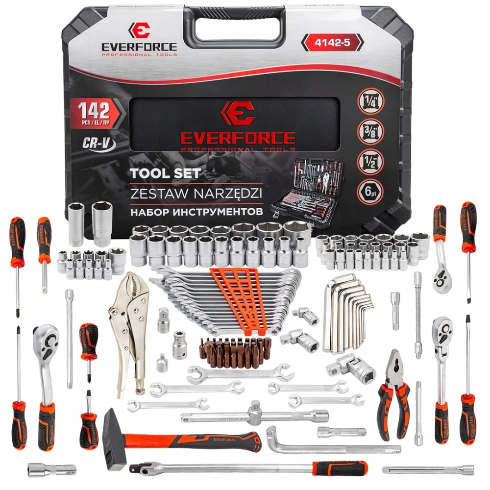 Набор инструментов 142пр. 1/4'', 3/8'', 1/2''(6гр.) EVERFORCE EF-4142-5(EF-41421-5)