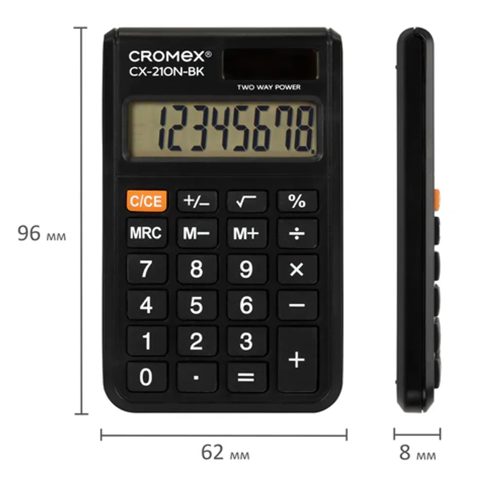 Калькулятор карманный Cromex, 8 разрядов, CX-210N-BK, двойное питание, 96х62мм