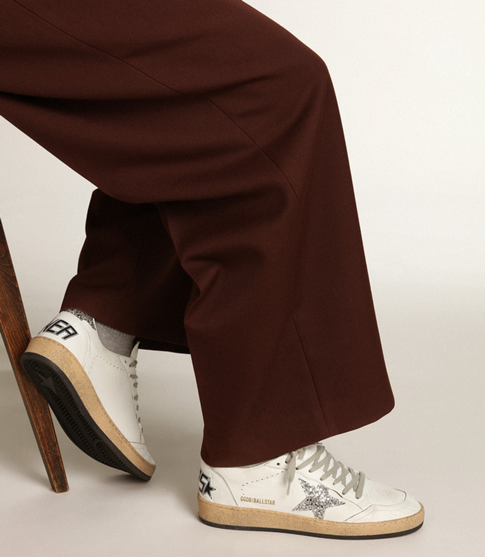 Women’s Ball Star sneakers in white nappa leather with silver glitter star and heel tab