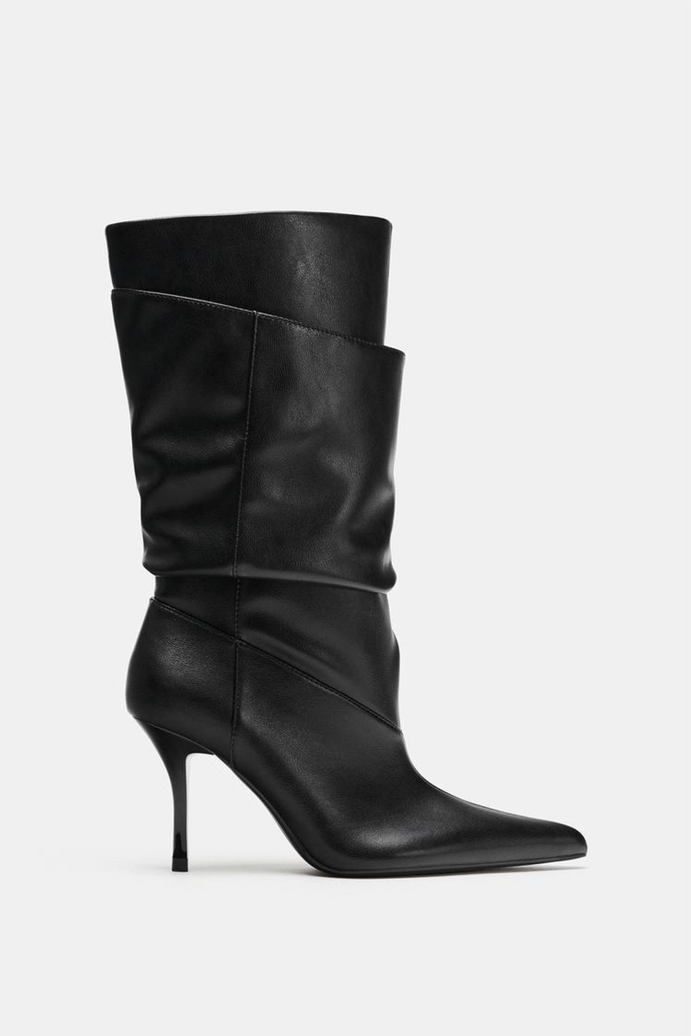 ZARA САПОГИ СО СБОРКОЙ НА КАБЛУКЕ, ЧЕРНЫЙ