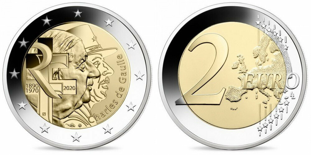 Франция 2 евро, 2020 50 лет со дня смерти Шарля де Голля XF
