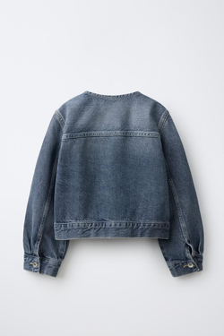 ZARA ДЖИНСОВАЯ КУРТКА БЕЗ ВОРОТНИКА, СИНИЙ