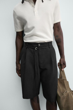 ZARA ШОРТЫ RELAXED FIT СО СКЛАДКАМИ И РЕМНЕМ, ЧЕРНЫЙ