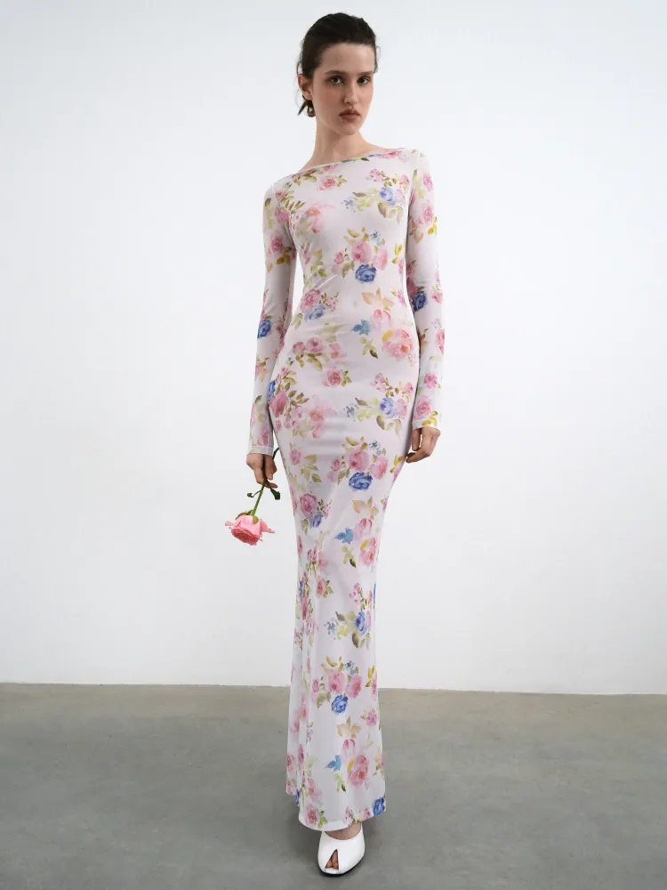 Монет макси (Monet maxi), платье макси из молочной сетки с цветочным принтом