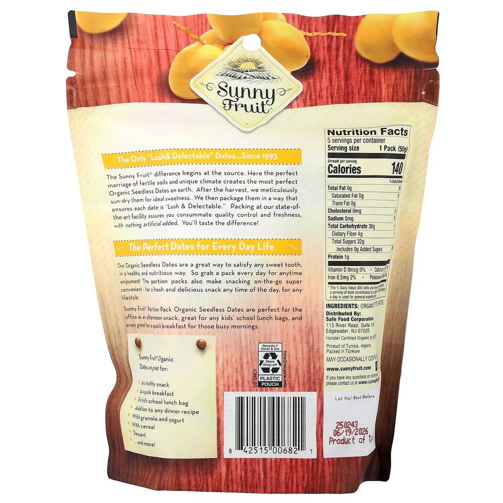 Sunny Fruit, органические финики без косточек, 5 порционных пакетиков по 50 г (1,76 унции)
