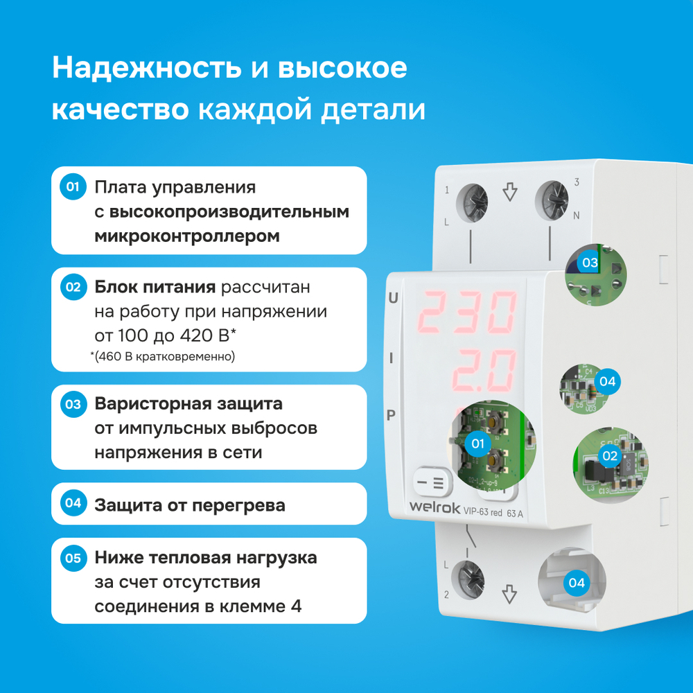 Двухмодульное многофункциональное реле напряжения с контролем тока Welrok VIP-63 red, 63А