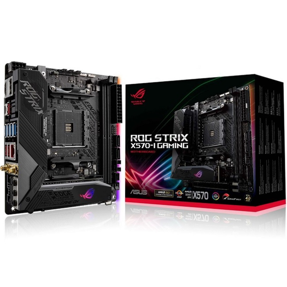 Материнская плата ASUS ROG STRIX X570-I GAMING (AM4/AMD X570/2xDDR4/PCI-Ex16/2xM.2/SB7.1/GLAN/Wi-Fi/BT/DP/HDMI/Mini-ITX)