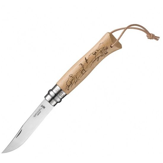 Складной нож Opinel №8 Trekking, нержавеющая сталь, рукоять бук, гравировка сурок, козел и эдельвейс, темляк, клинок из стали Sandvik™ 12С27