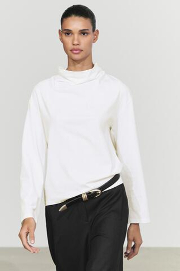 Massimo Dutti Футболка из 100% хлопка с драпированным воротом, белый