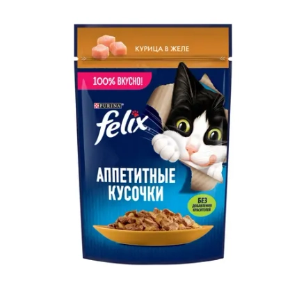 Курица в желе,75г кусочки корм влажный для кошек Felix