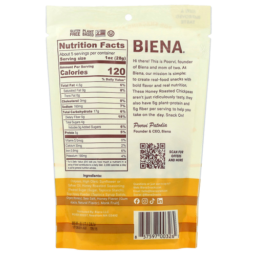 BIENA, Снеки из нута, обжаренный с медом, 142 г (5 унций)