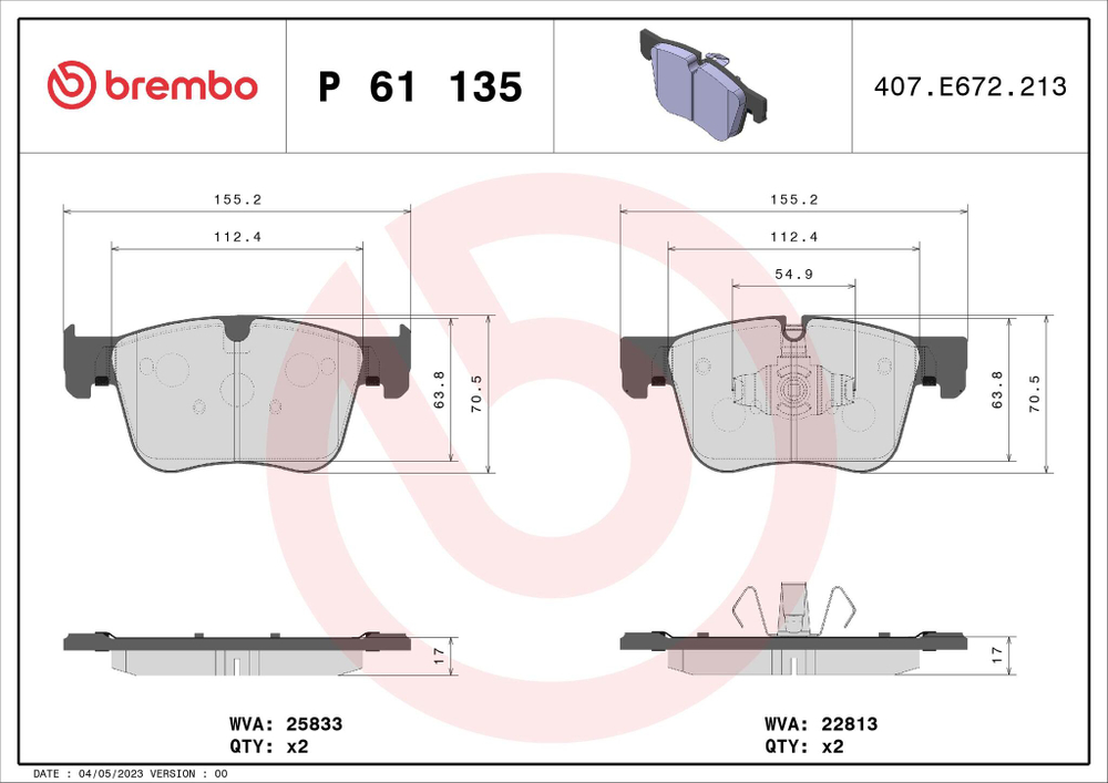 BREMBO - P61135-BRB - Brake Pad Set, disc brake