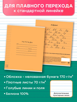 Набор тетрадей ТЕТРАДКИН, широкая линия с доп. пунктирной линией 3 мм , 12 л,цвет - оранжевый, 50 шт