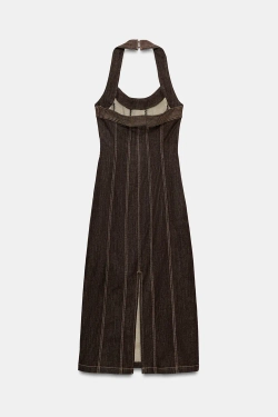 ZARA ДЖИНСОВОЕ ПЛАТЬЕ МИДИ Z1975 С ХАЛТЕРОМ, КОРИЧНЕВЫЙ