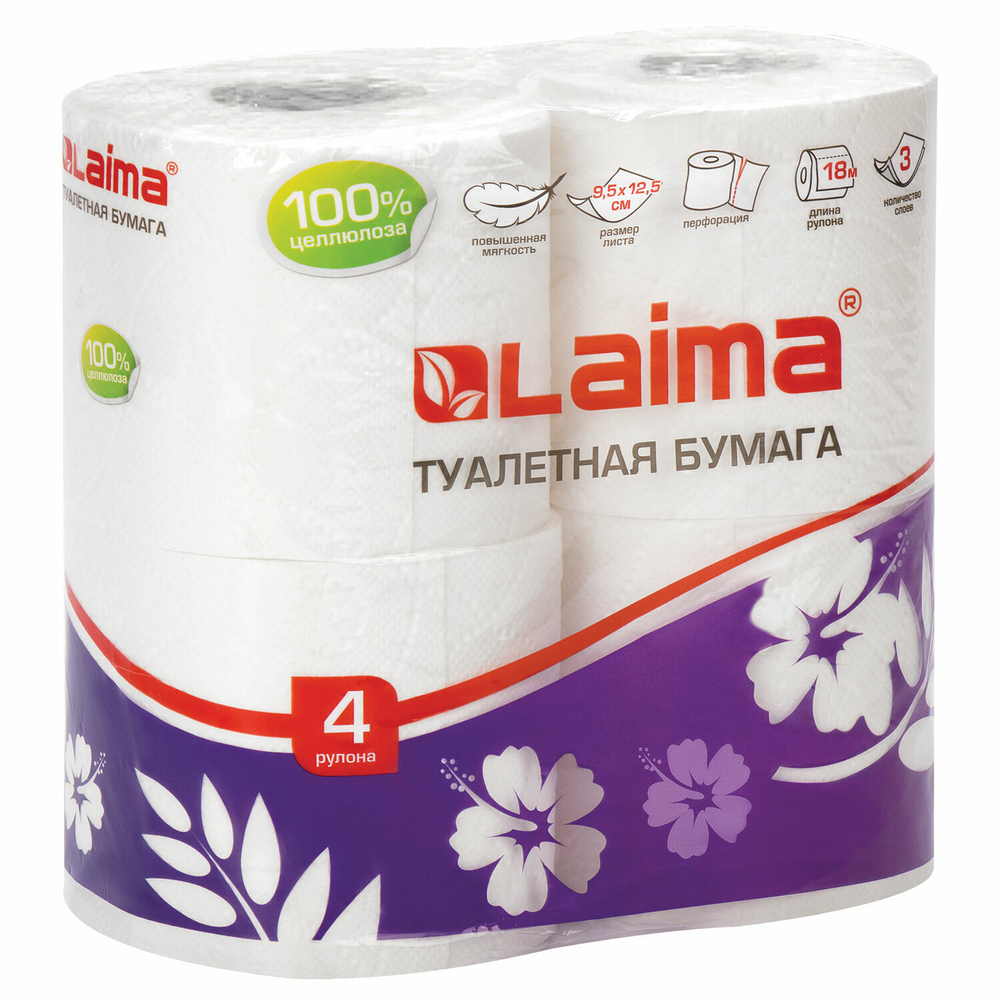 Бумага туалетная бытовая, спайка 4 шт., 3-х слойная, (4×18 м), LAIMA, белая, 3 упаковки.