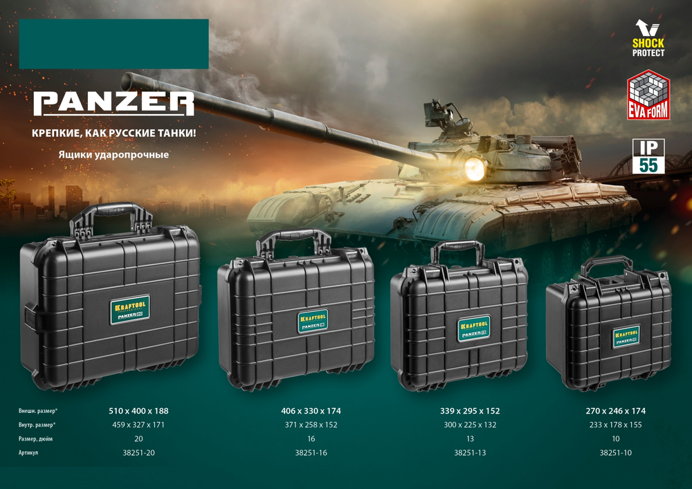 Новинка! Ящик пластиковый ударопрочный / КЕЙС KRAFTOOL Panzer 510 х 400 х 190 мм, степень защиты IP55, для хранения и транспортировки ручного инструмента 38251-20