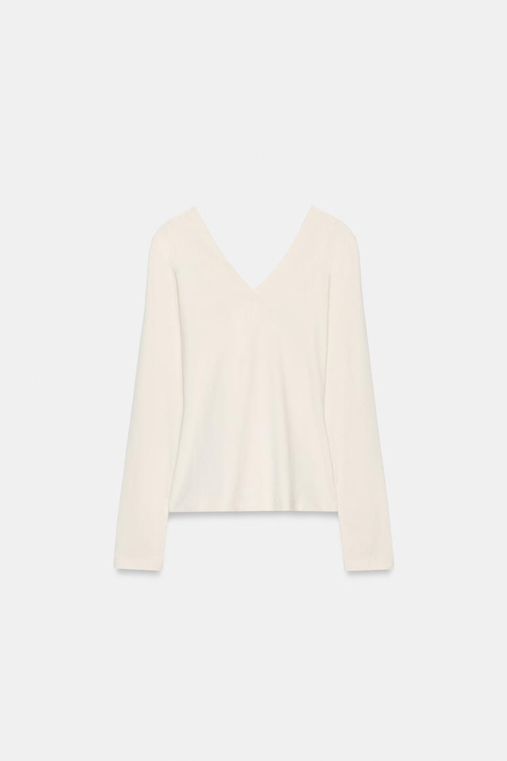 ZARA ФУТБОЛКА С V-ОБРАЗНЫМ ВЫРЕЗОМ, ЭКРЮ
