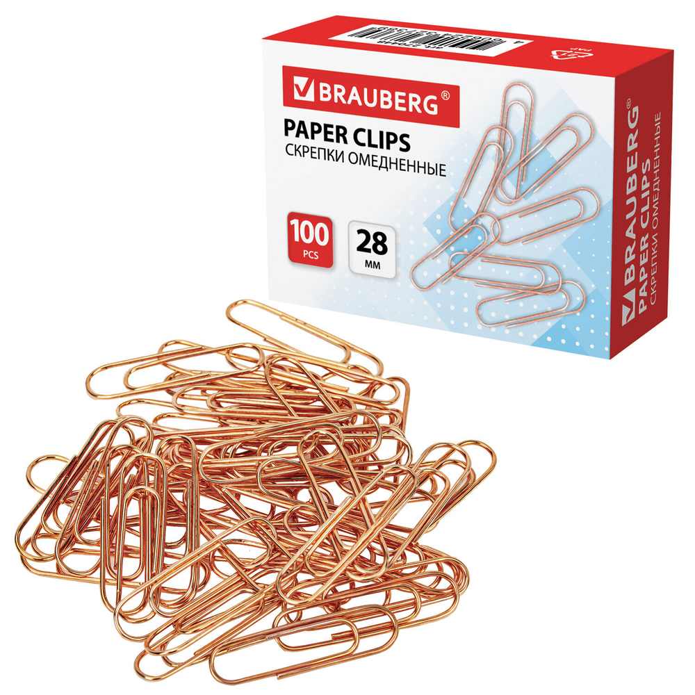 Скрепки BRAUBERG, 28 мм, 5 упаковок, омедненные, 100 шт., в картонной коробке, 270448
