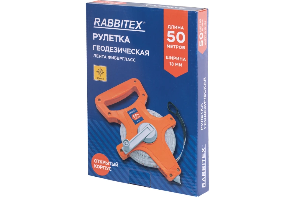Рулетка геодезическая RABBITEX 50мх13мм, , лента фибергласс, открытый корпус 671368