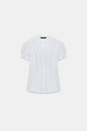 ZARA РУБАШКА ИЗ ПОПЛИНА С ВОЛАНАМИ, ПЕСОЧНЫЙ/СИНИЙ