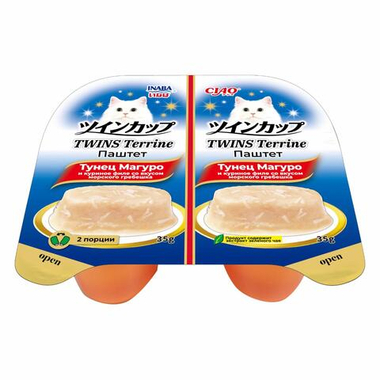 Inaba Ciao Twins Terrine Tунец магуро/Куриное филе со вкусом морского гребешка паштет ламистер для кошек 70 г (35 г*2 шт)