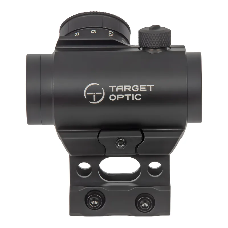 Коллиматор Target Optic 1x20, Weaver, красная марка, точка 2 MOA, проставка - вид сбоку с логотипом бренда